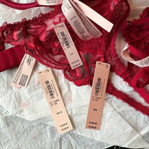 Victorias Secret Red Rose Embroiled Matching 3 Piece Set Lingerie - Picture 3 of 5